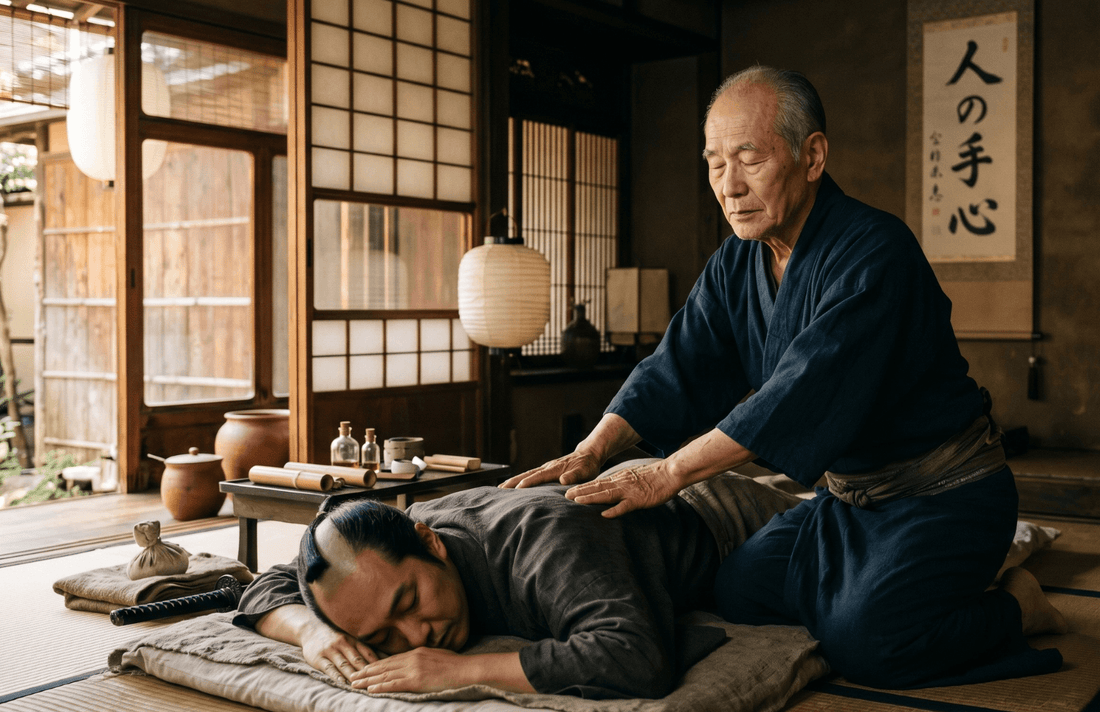 Masajista japonés tradicional realizando anma en una casa histórica de madera del período Edo — Historia del masaje japonés, Blog Aura Plena