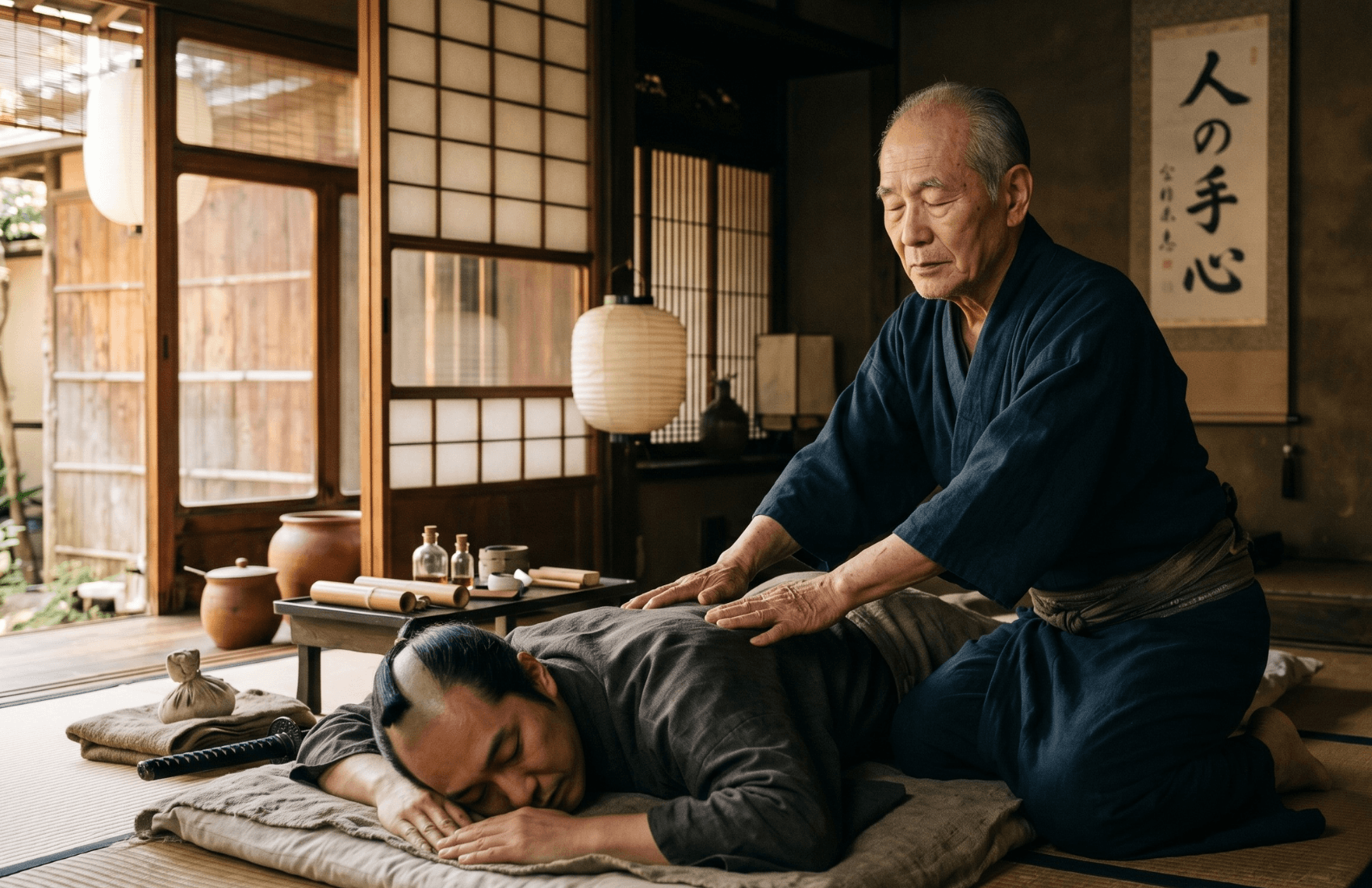 Masajista japonés tradicional realizando anma en una casa histórica de madera del período Edo — Historia del masaje japonés, Blog Aura Plena