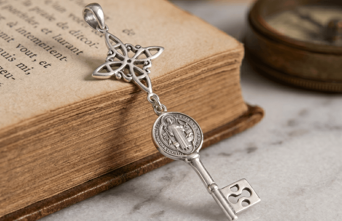 Colgante de plata en forma de Nudo de Bruja apoyado sobre un libro antiguo junto a una llave con medalla de San Benito. Superficie de mármol blanco y objeto dorado al fondo.