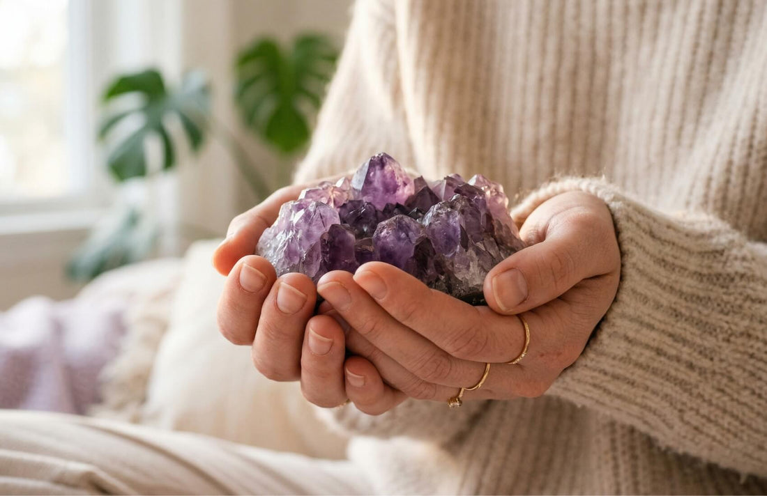 Manos sosteniendo una amatista en bruto, piedra natural para calmar el estrés y la ansiedad. Selección de minerales Aura Plena, tienda online con envío a toda España.