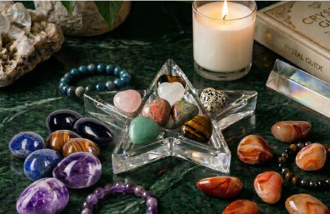 Piedras naturales para cada signo del zodiaco en 2026: amatista, cuarzo rosa, aventurina verde, ojo de tigre y obsidiana. Selección Aura Plena, tienda online de minerales