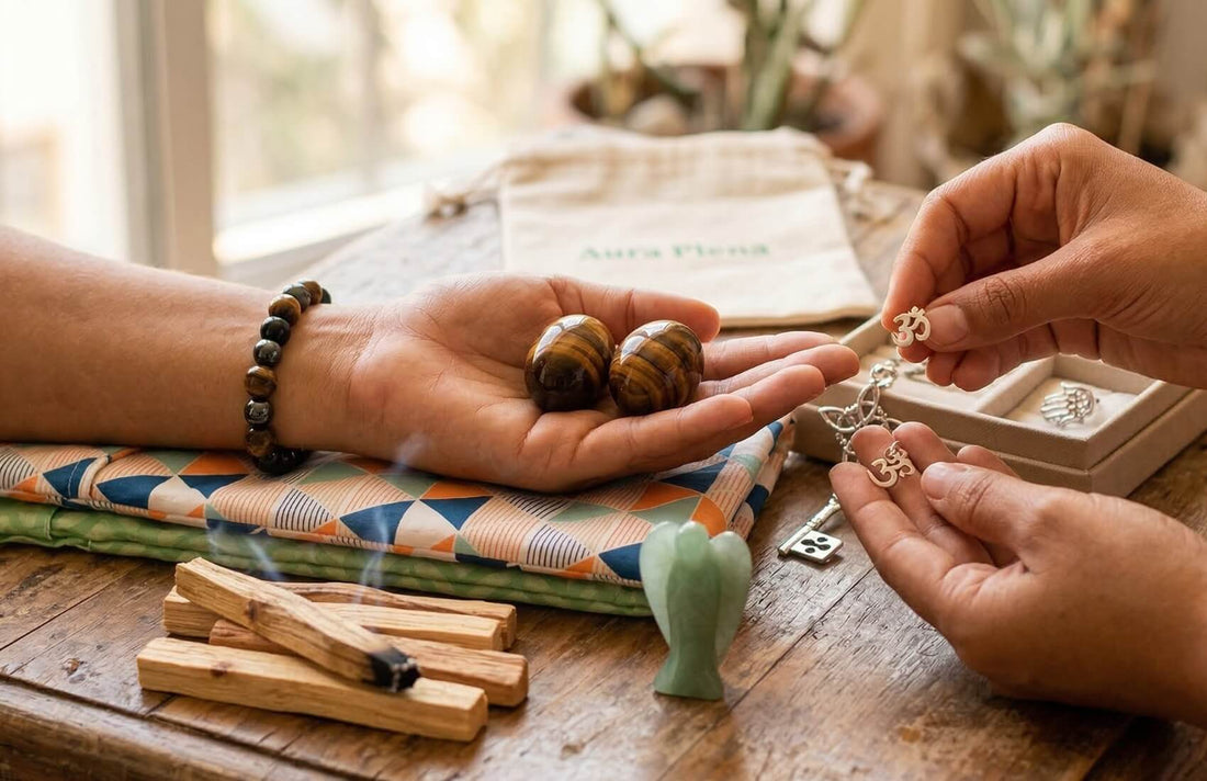 Manos sosteniendo huevos de ojo de tigre y amuletos Om en plata 925 junto a palo santo y ángel de aventurina. Regalos de minerales y bienestar en Aura Plena.