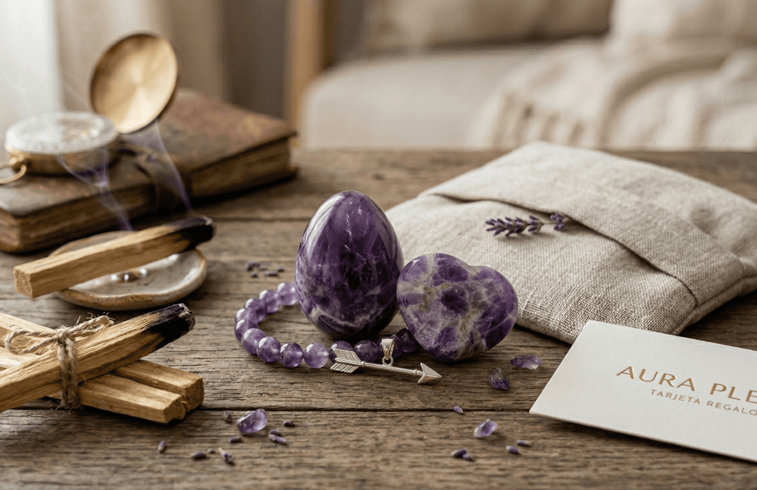 Ideas de regalo para Sagitario: huevo y corazón de amatista, pulsera de amatista con colgante de flecha, palo santo, saquito térmico con lavanda y tarjeta regalo Aura Plena
