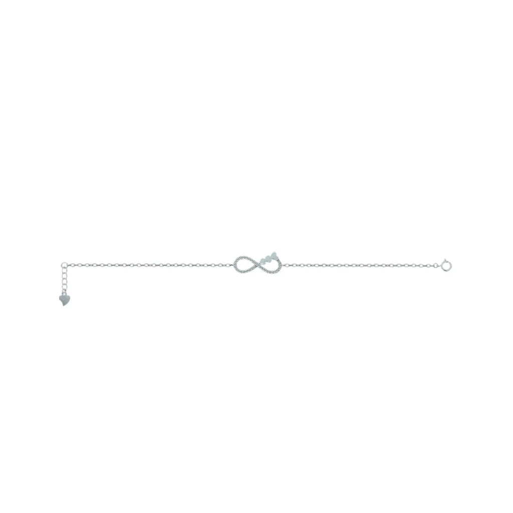 Pulsera de plata de ley 925 rodiada con símbolo de infinito de circonitas y detalle de corazones, cadena ajustable hipoalergénica, selección Aura Plena.