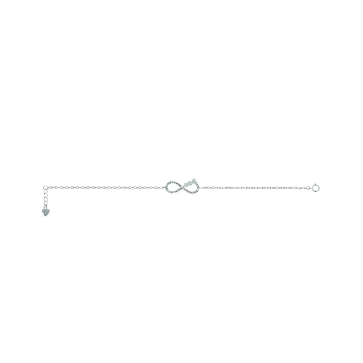 Pulsera de plata de ley 925 rodiada con símbolo de infinito de circonitas y detalle de corazones, cadena ajustable hipoalergénica, selección Aura Plena.