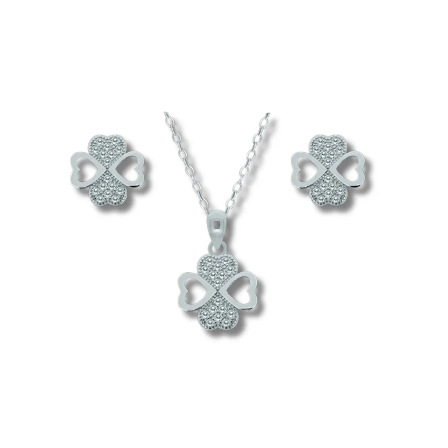 Conjunto de pendientes y colgante de Trébol en Plata 925 rodiada con circonitas blancas en pavé. Propiedades hipoalergénicas y brillo duradero. Amuleto de suerte. Envío 48/72h.
