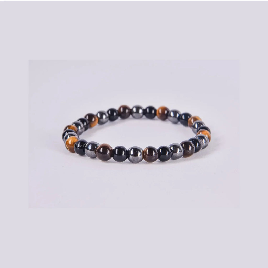 Pulsera Triple Protección, Obsidiana, Ojo de tigre y Hematites de piedras Naturales.