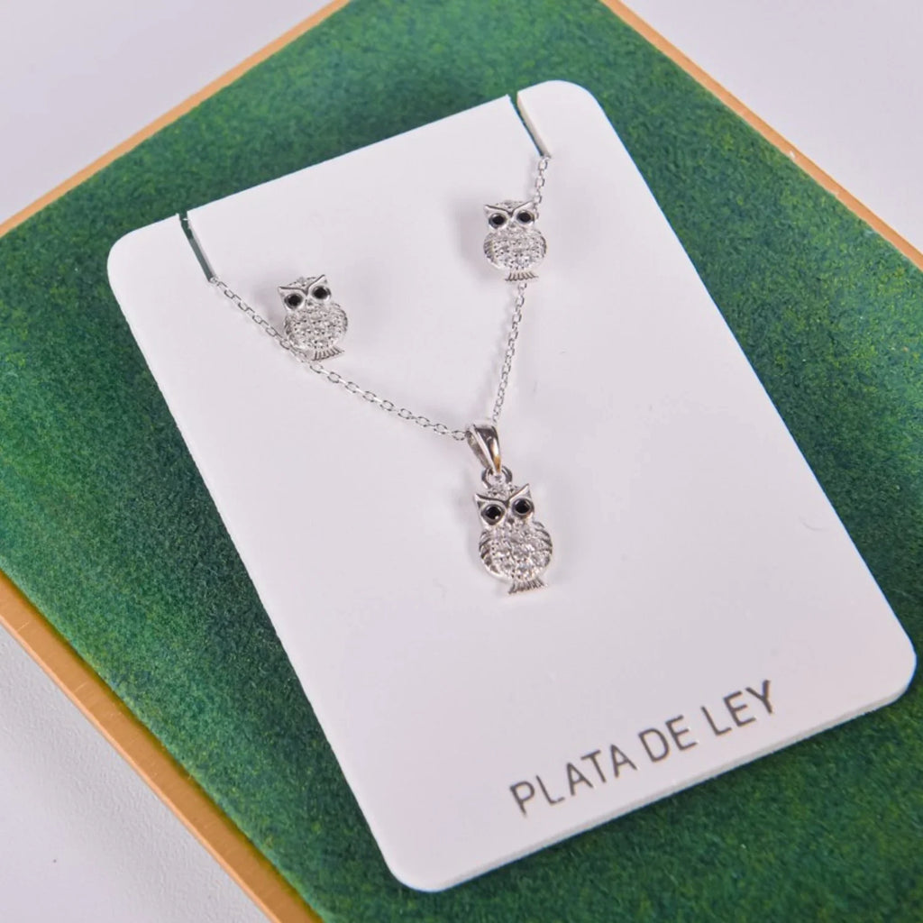 Set de pendientes y collar con forma de búho, amuleto de sabiduría en plata de ley, cierre de presión seguro y cadena incluida.