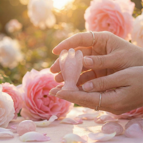 Manos sosteniendo con ternura una figura de Ángel de Cuarzo Rosa rodeada de flores. Amuleto de piedra natural para el amor y la paz interior.