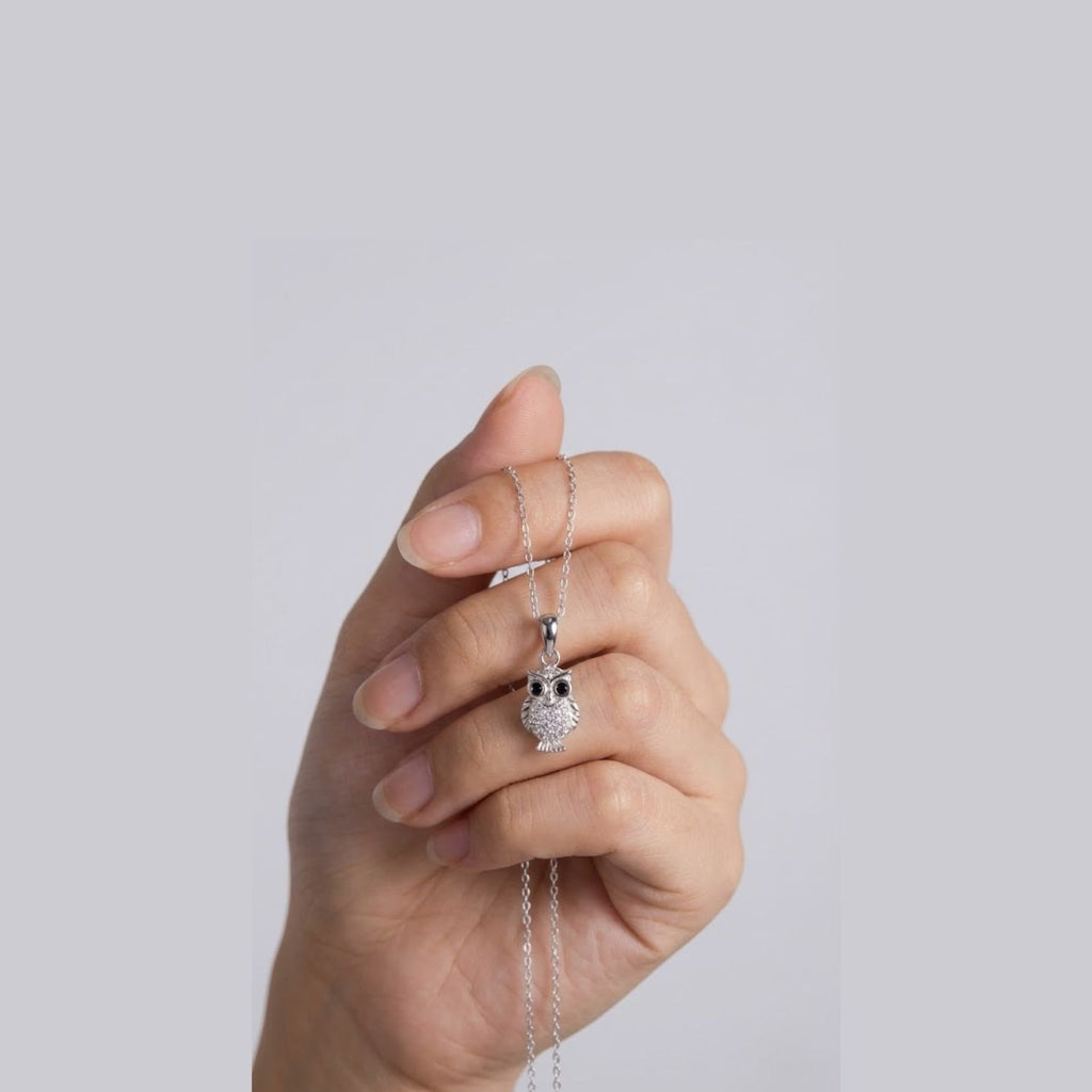 Mano sosteniendo un delicado collar de Plata de Ley 925 con un colgante en forma de Búho, decorado con incrustaciones brillantes de circonita y ojos negros.