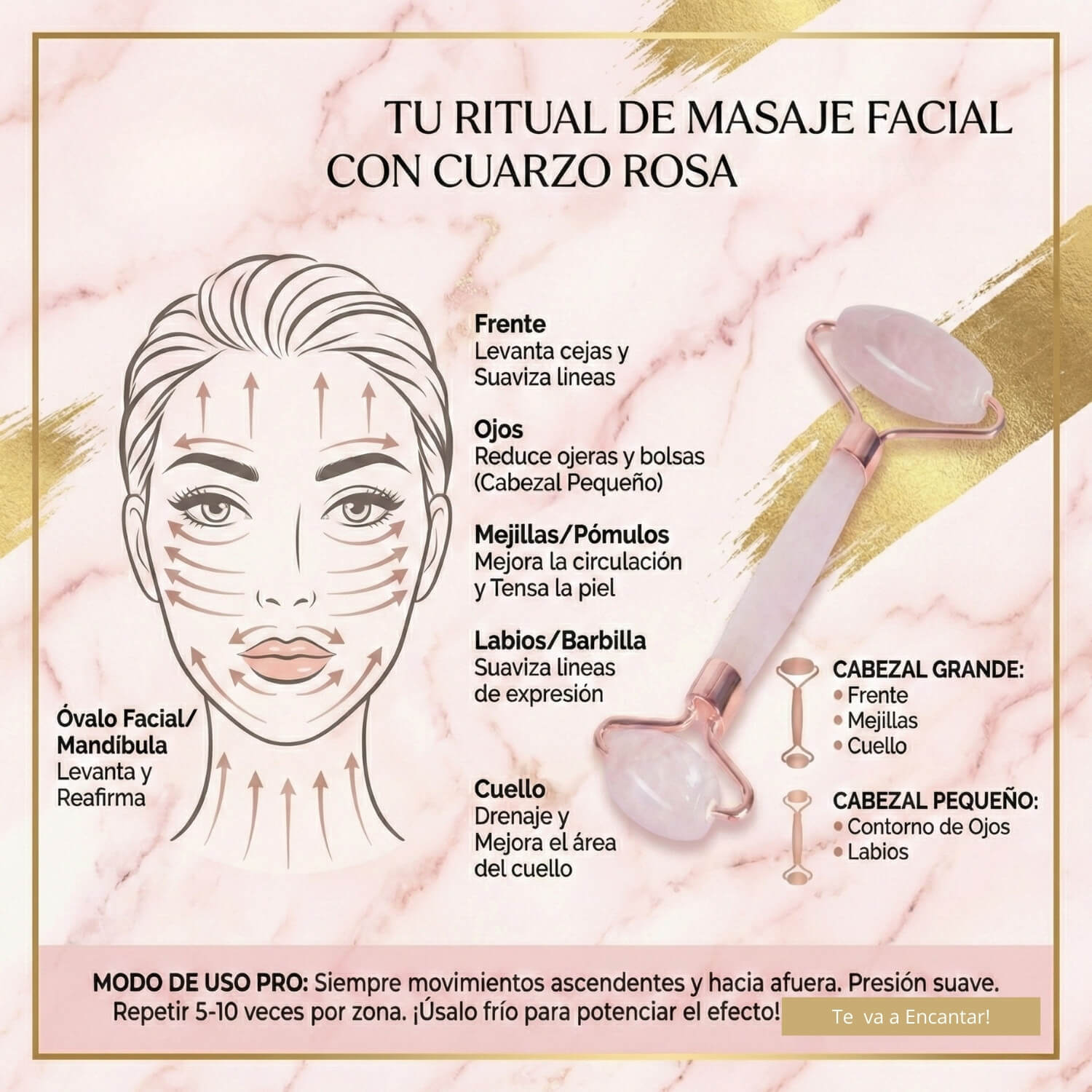 Infografía explicativa del ritual de masaje facial con rodillo de Cuarzo Rosa. Mapa de movimientos ascendentes para frente, ojos, pómulos y cuello. Guía de lifting natural.