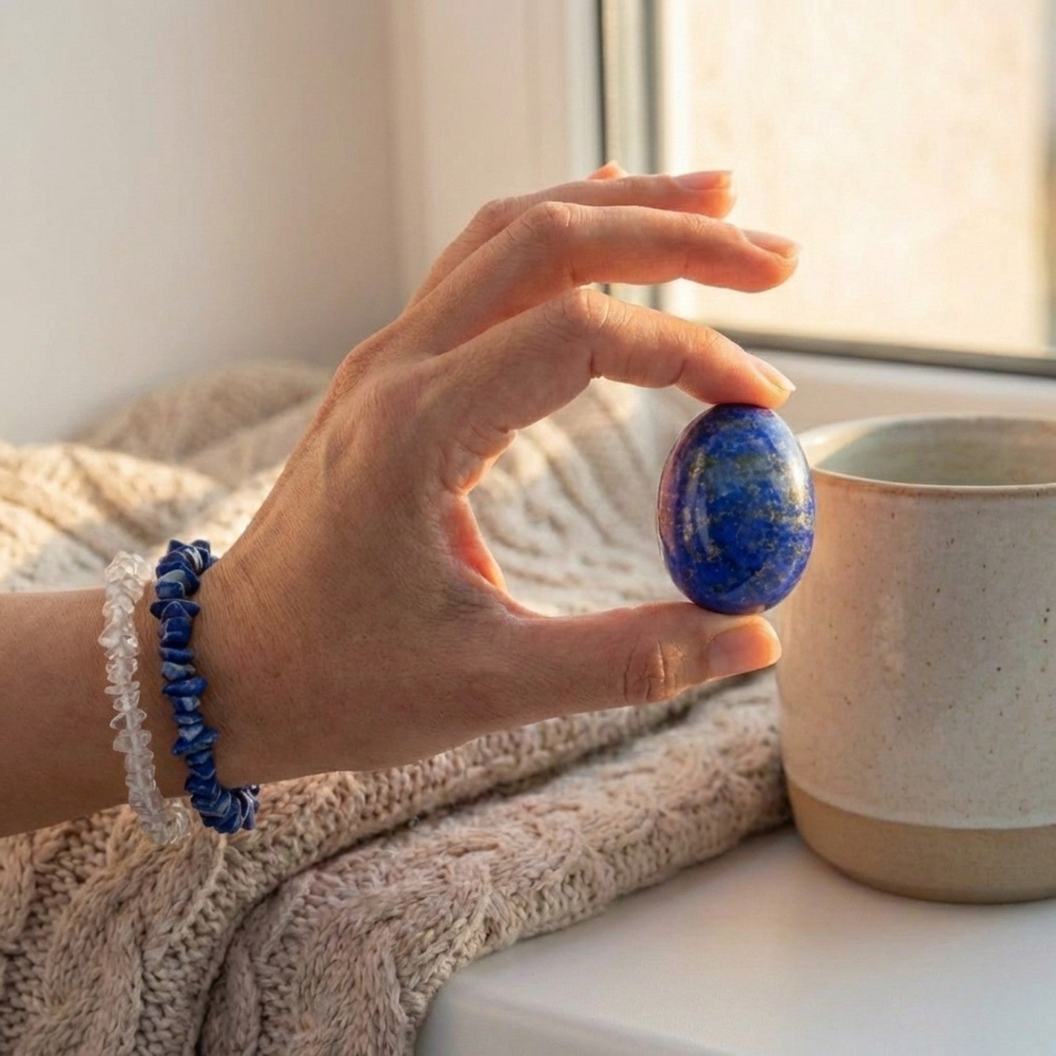 Mano de mujer sosteniendo un huevo de Lapislázuli natural junto a una ventana. Luce una pulsera de chips de Lapislázuli azul a juego. Imagen de calma, comunicación y sabiduría.