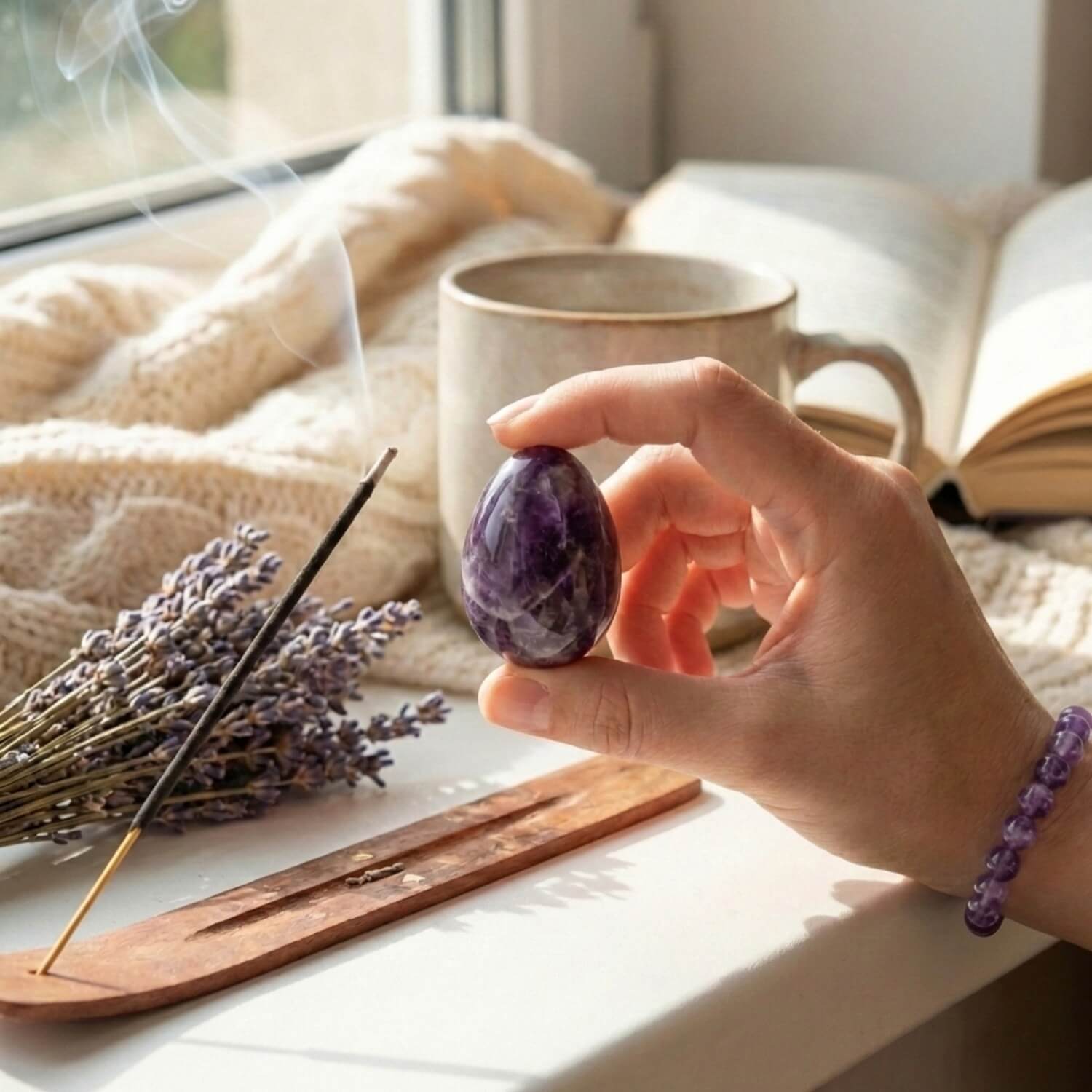 Mano de mujer sosteniendo un huevo de Amatista natural durante un ritual de meditación. Lleva una pulsera de amatista a juego. Imagen de paz y espiritualidad.