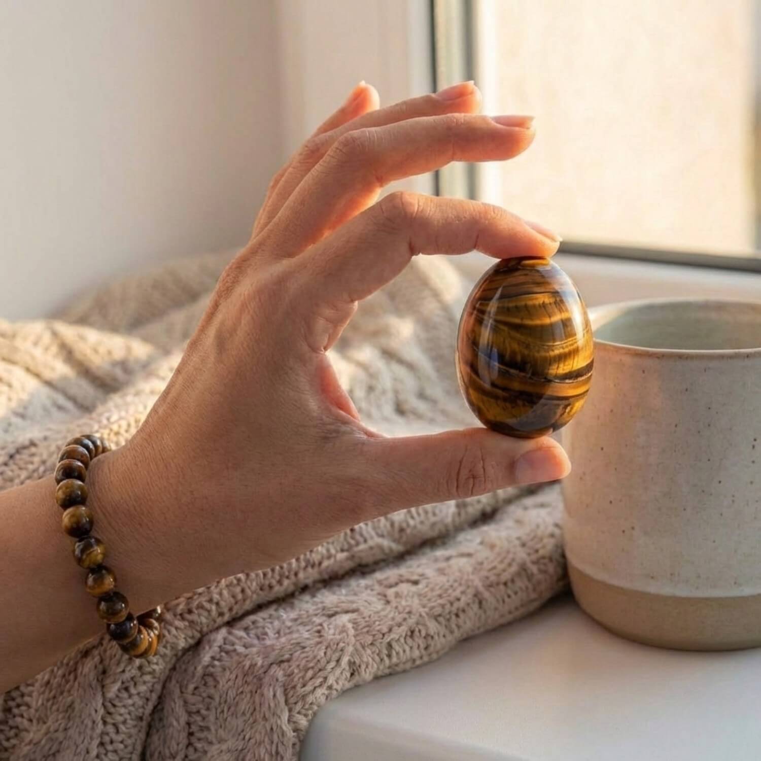 Mano sosteniendo un huevo de Ojo de Tigre natural bajo una luz cálida y dorada. La muñeca luce una pulsera de bolas de Ojo de Tigre a juego. Amuleto de poder y dinero.