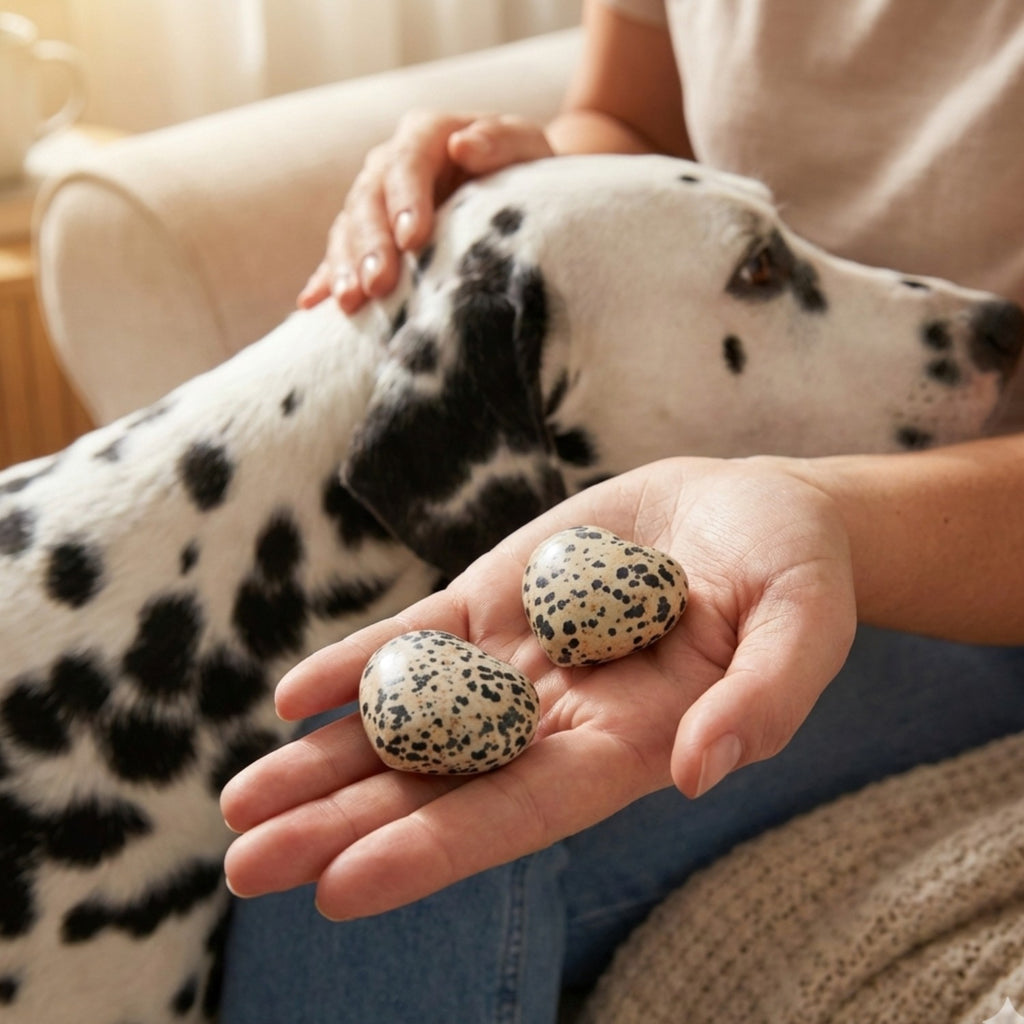Manos sosteniendo dos piedras con forma de corazones de Jaspe Dálmata mientras acarician a un perro de raza Dálmata. Imagen emotiva de conexión entre humano, mascota y mineral protector.