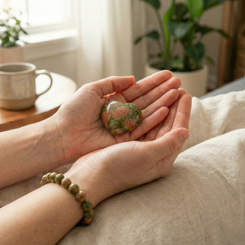 Manos de mujer sosteniendo un corazón de Unakita natural, luciendo en la muñeca la pulsera de Unakita a juego. Conjunto de joyería y amuleto para el equilibrio y la sanación.