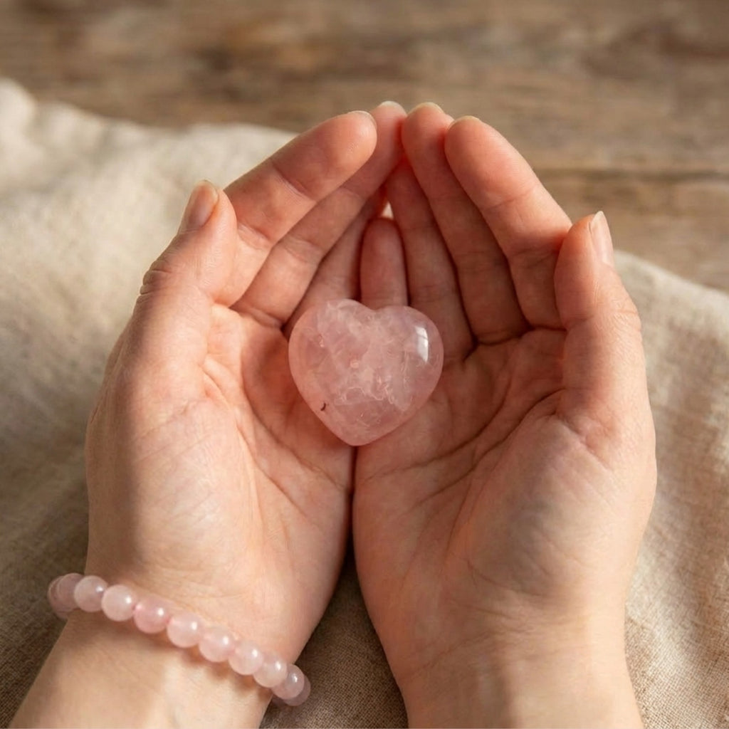 Manos de mujer sosteniendo con delicadeza un corazón de Cuarzo Rosa natural. Imagen de amor propio y meditación. (La modelo luce también la pulsera de cuarzo rosa a juego).