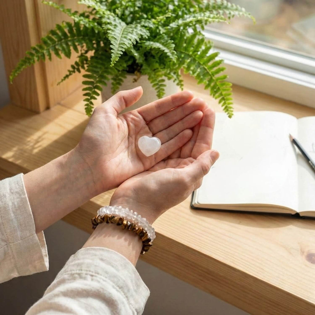 Manos sobre un escritorio de madera con libreta y lápiz, sosteniendo un corazón de Cuarzo Blanco. Imagen de calma, estudio y claridad mental.