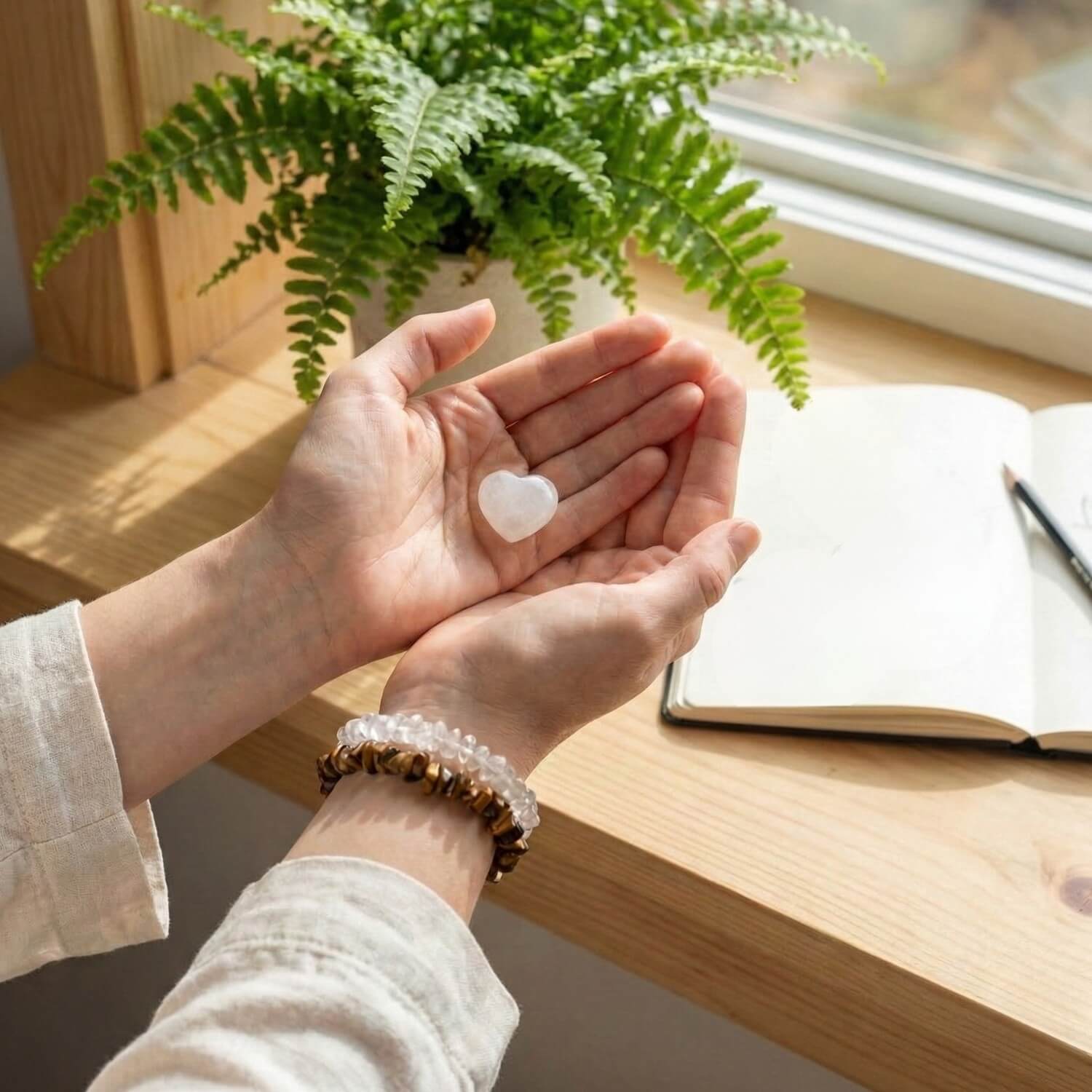 Manos sobre un escritorio de madera con libreta y lápiz, sosteniendo un corazón de Cuarzo Blanco. Imagen de calma, estudio y claridad mental.
