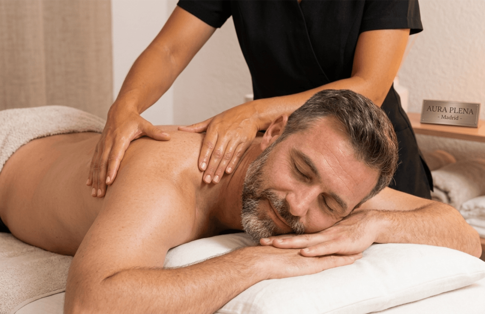 Hombre recibiendo masaje relajante de espalda en cabina privada — Centro de Masajes Aura Plena, Ventas Madrid