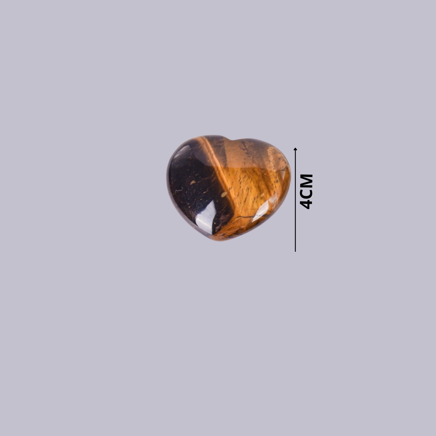 Guía de tamaño del corazón de Ojo de Tigre indicando 4 cm de ancho. Muestra el patrón de vetas característico.