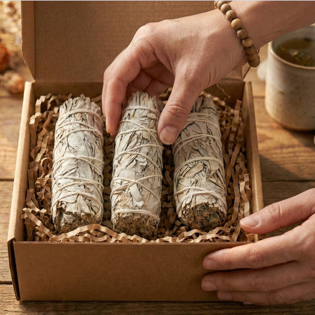 Pack de 3 atados de Salvia Blanca de California Premium en caja de regalo. Manos sosteniendo un sahumerio natural para limpieza energética profunda.