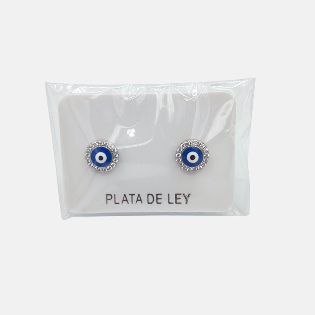 Pendientes ojo turco plata 925 con circonitas y esmalte azul, sobre tarjeta Plata de Ley