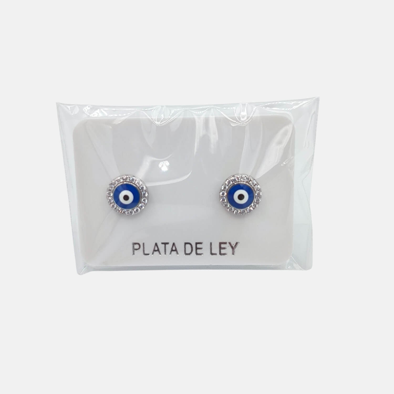 Pendientes ojo turco plata 925 con circonitas y esmalte azul, sobre tarjeta Plata de Ley