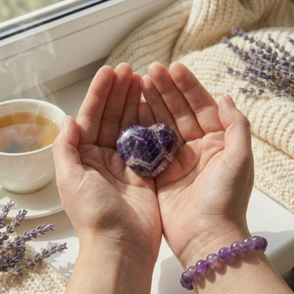 Manos sosteniendo una piedra de Amatista tallada en forma de corazón en un ambiente relajante con té y lavanda. Mineral violeta para calmar la ansiedad.