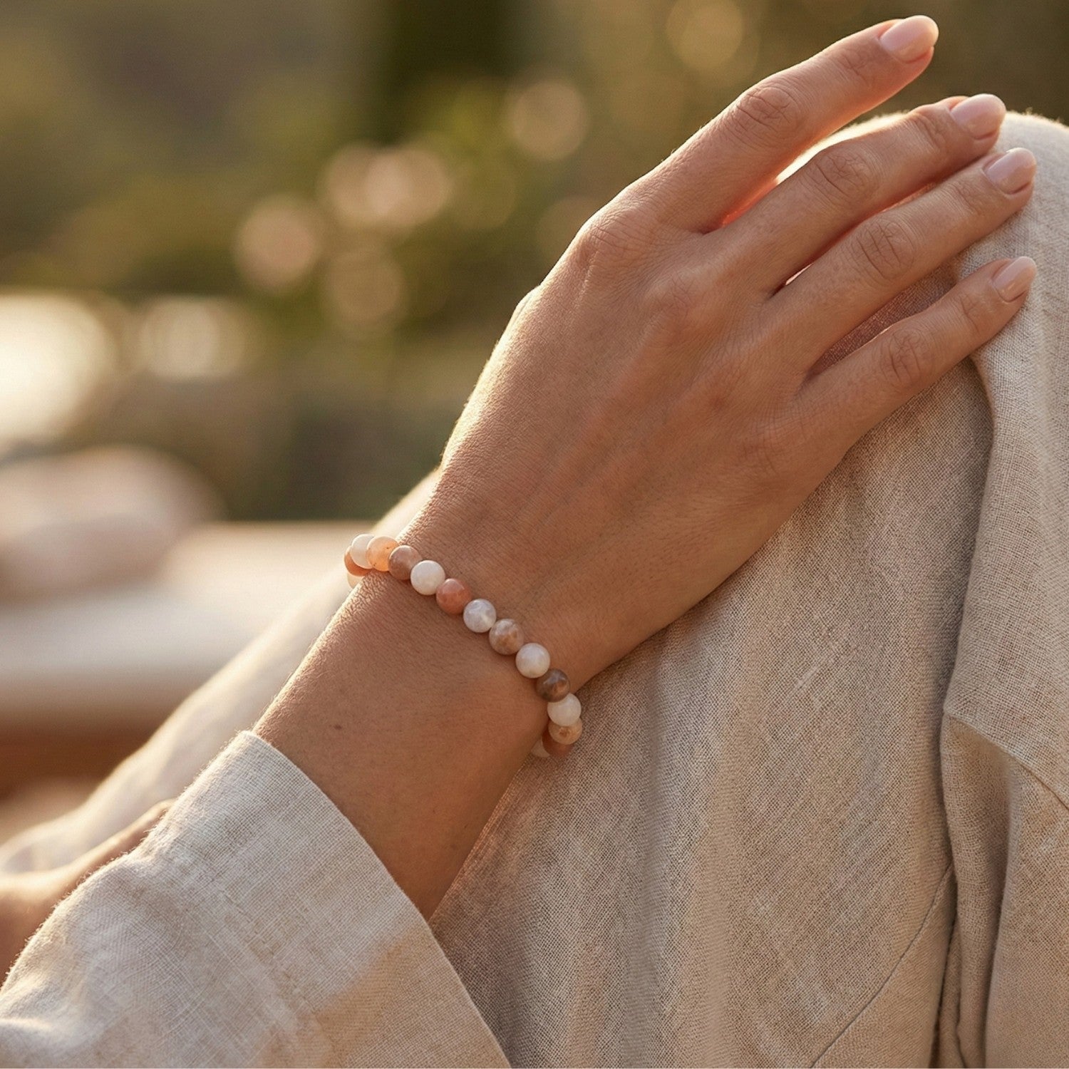 Pulsera de Adularia, tonos melocotón, de piedras naturales y elástica.