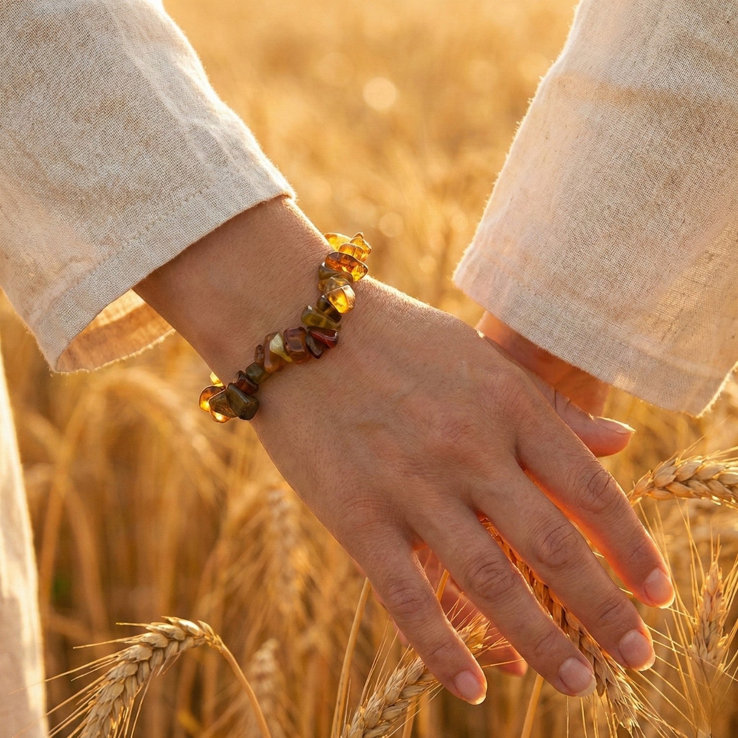 Mujer con pulsera de chips de Granate Verde natural tocando espigas de trigo en un campo al atardecer. Joyería de piedra natural que evoca conexión con la tierra y abundancia.