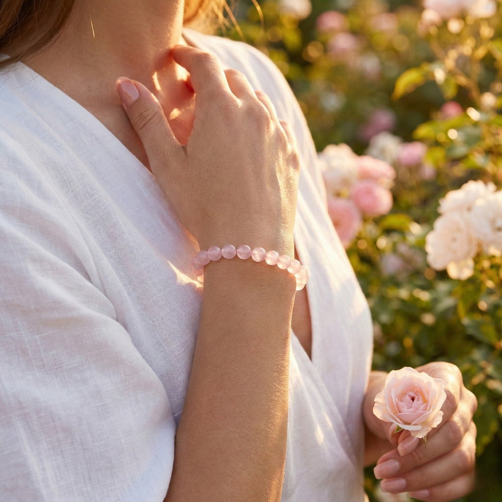 Mujer luciendo pulsera de bolas de Cuarzo Rosa natural bajo luz cálida. Joyería energética para el chakra corazón, el amor y la armonía emocional.