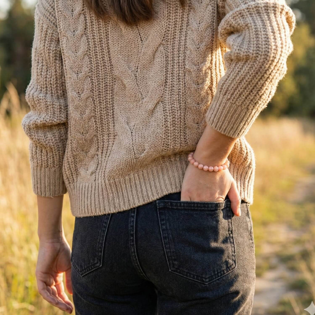 Detalle de pulsera de cuentas de Piedra Sol en muñeca femenina con look casual de otoño. Accesorio de piedra natural anaranjada que aporta un toque de alegría y optimismo al estilo diario.