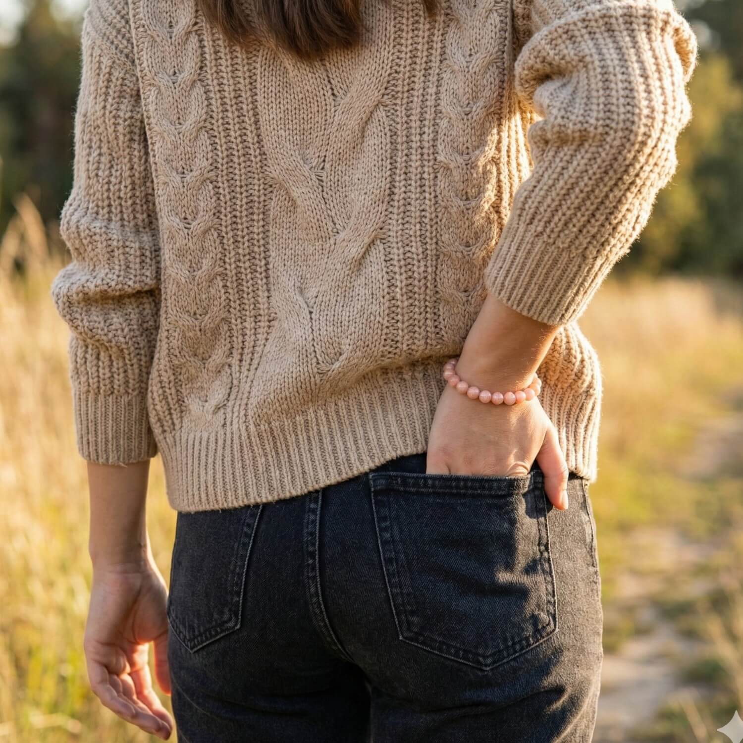 Detalle de pulsera de cuentas de Piedra Sol en muñeca femenina con look casual de otoño. Accesorio de piedra natural anaranjada que aporta un toque de alegría y optimismo al estilo diario.