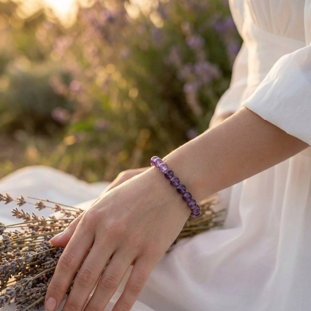Pulsera de amatista natural puesta en muñeca