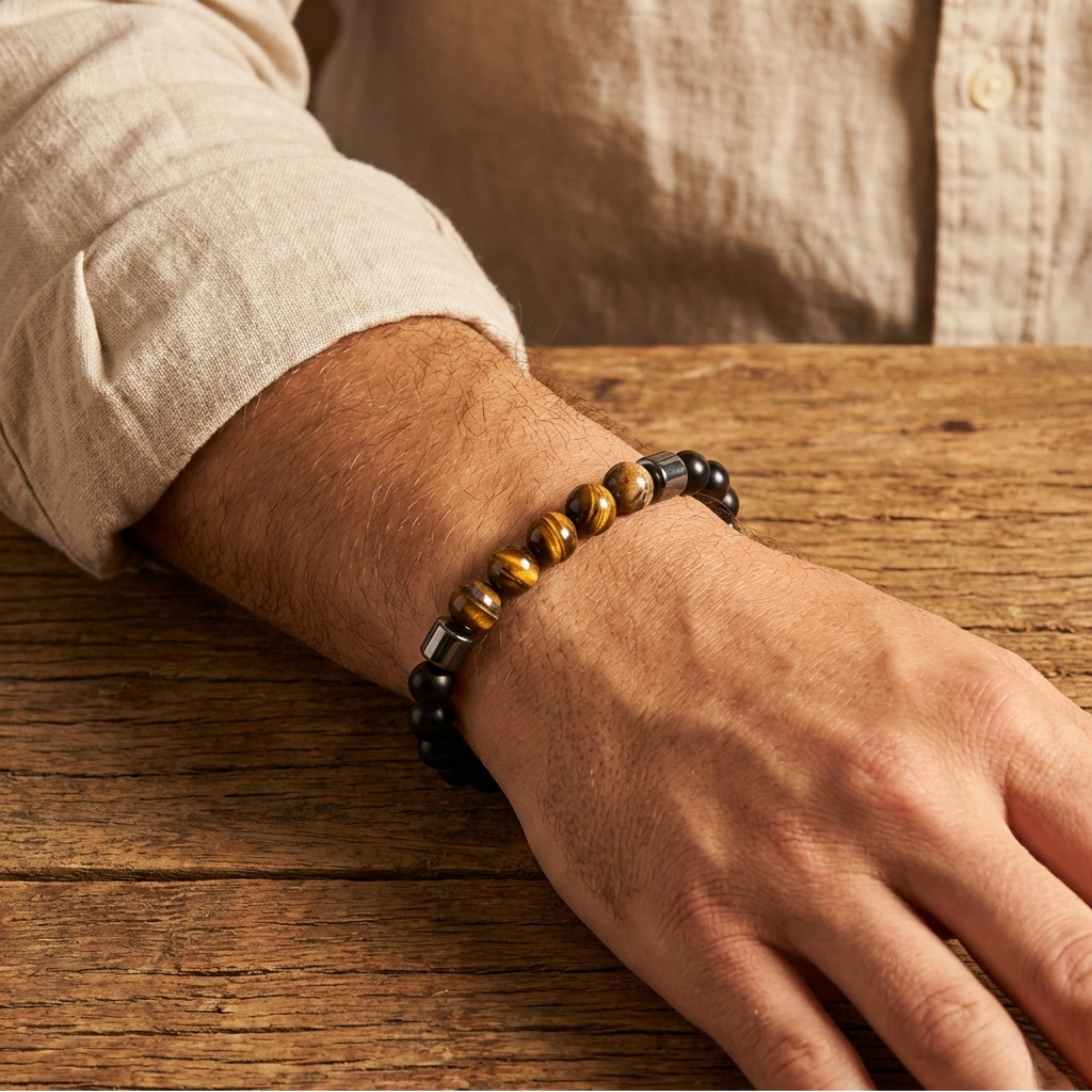 Brazo de hombre con camisa de lino luciendo la pulsera de Triple Protección. Joyería masculina energética con cuentas de Ojo de Tigre, Hematita y Obsidiana sobre fondo de madera rústica.