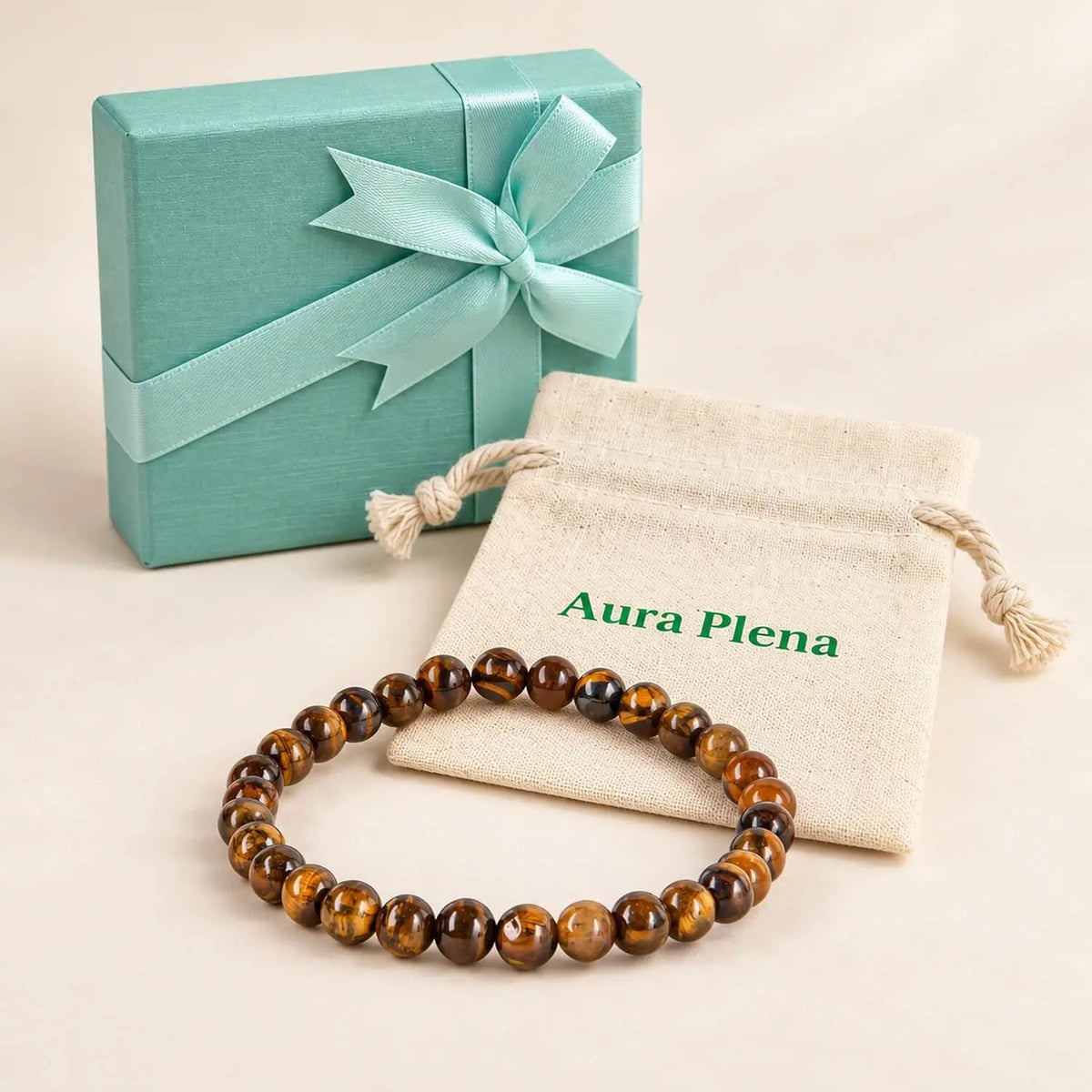 pulsera ojo de tigre presentación para regalar con cajita y bolsita de algodón
