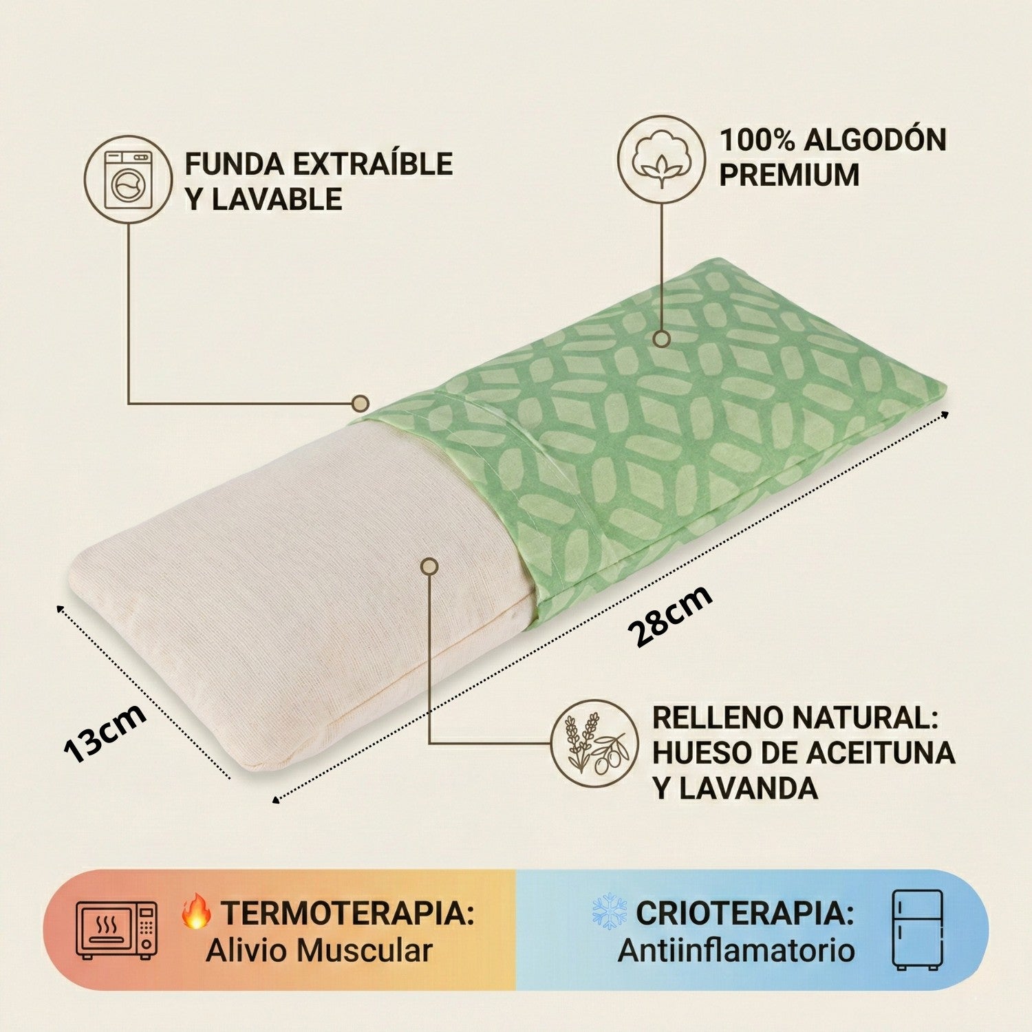 Detalle de saco térmico de 13x28cm con funda extraíble y lavable de algodón 100%. Relleno natural de hueso de aceituna y lavanda.
