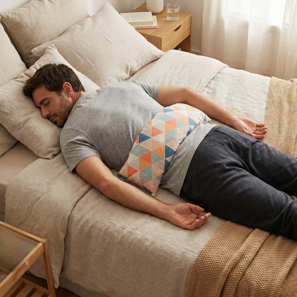 Uso del saco térmico largo en la zona lumbar para aliviar dolor de espalda baja y ciática mientras se descansa. Terapia de calor para dormir.