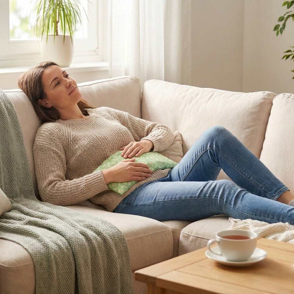 Mujer relajada en el sofá aliviando dolor menstrual y cólicos con el saco térmico de semillas Aura Plena. Aplicación de calor seco en el abdomen con funda verde. geométrica.